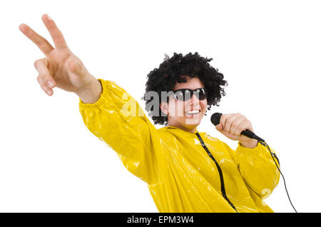 Uomo in tuta gialla isolato su bianco Foto Stock