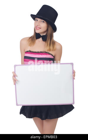 Una giovane donna con cappello isolato su bianco Foto Stock