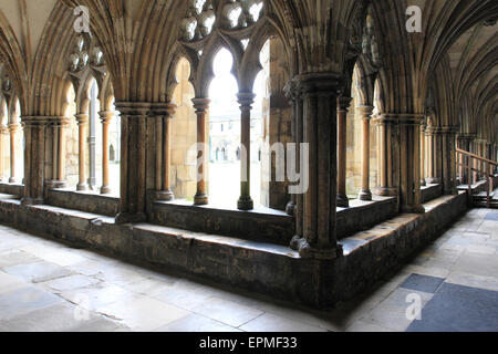I chiostri della Cattedrale di Norwich, pietra di calce costruita, Norwich, Norfolk, Regno Unito Foto Stock