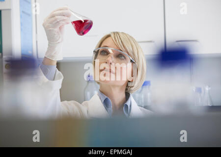 Scienziato holding matraccio di Erlenmeyer in laboratorio Foto Stock
