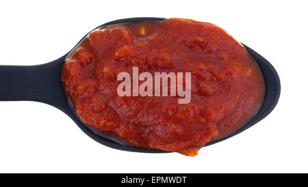 Vista dall'alto di un cucchiaio di nero riempito con una piccola quantità di passata di pomodori con peperoni jalapeño su uno sfondo bianco. Foto Stock