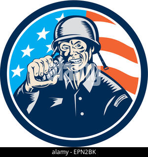 Illustrazione di una seconda guerra mondiale soldato americano veterani mordere granata visto dal lato anteriore impostato all'interno del cerchio con usa american a stelle e strisce bandiera in background fatto rétro xilografia stile. Foto Stock