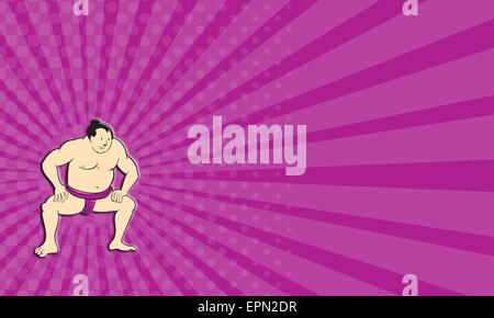 Business card mostra illustrazione di un giapponese lottatore di sumo rivolto verso la parte anteriore squatting isolato su sfondo bianco fatto in stile cartoon. Foto Stock