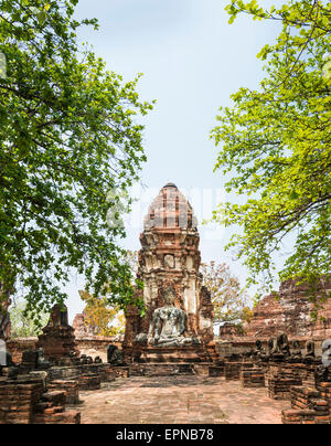 Tempio con stupa e grande Buddha, Wat Mahathat, Ayutthaya, Chang Wat Phra Nakhon Si Ayutthaya, Thailandia Foto Stock