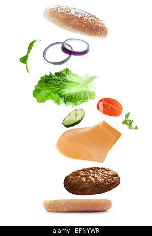 Burger ingredienti battenti in posizione Foto Stock