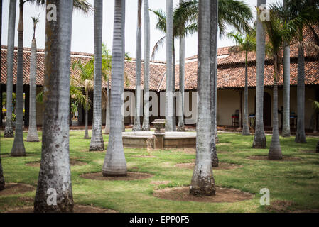 GRANADA, Nicaragua - il cortile interno principale, pieno di palme, del Centro Cultural Convento San Francisco. Il Centro Cultural Convento San Francisco, situato ad appena un paio di isolati dal Parque Central di Granada, è dedicato alla storia della regione. Foto Stock