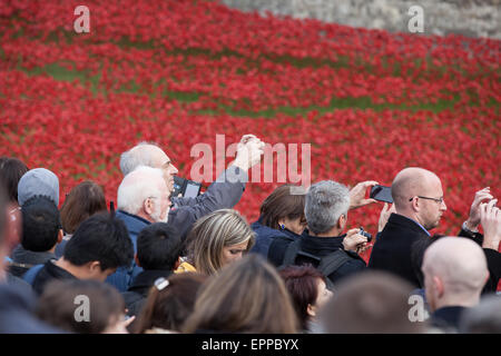 I membri della zona pubica visualizzazione della Torre di Londra papaveri installazione su 6 Novembre 2014 Foto Stock