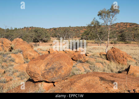 Rosso massi di arenaria in uno scarsamente vegetò, secco sclerophyll habitat boschivo, Territorio del Nord, l'Australia Foto Stock