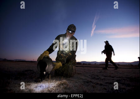 Due cacciatori impostare goose decoy nelle prime ore del mattino a Carson City, NV. Foto Stock