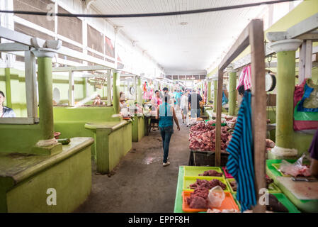 Mercado Municipal Central Butcher Section Granada Nicaragua // GRANADA, Nicaragua - Una sezione di macelleria all'interno del Mercado Municipal Central, il principale mercato pubblico di Granada. Il mercato funge da centro commerciale vitale per la gente del posto e i visitatori di questa storica città coloniale. Il Mercado Municipal Central offre un'ampia varietà di carni fresche, prodotti e altri prodotti essenziali per la vita quotidiana e la cucina nicaraguense. Il mercato rappresenta un importante centro culturale ed economico di Granada, una delle più antiche città coloniali delle Americhe, fondata nel 1524 dal conquistador spagnolo Francisco Hernán Foto Stock