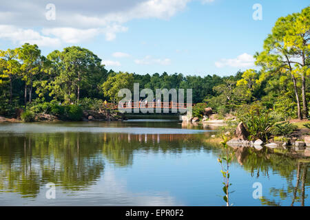 Florida , Del Ray Beach , Morikami Museum & Park , Roji-En , Giardini Giapponesi di gocce di rugiada lago d acqua alberi & ponte rosso Foto Stock