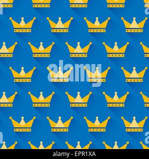 Corona di vettore seamless pattern con corone d'oro su sfondo blu. Simbolo del potere e del successo. Elegante design piatto con stile Illustrazione Vettoriale