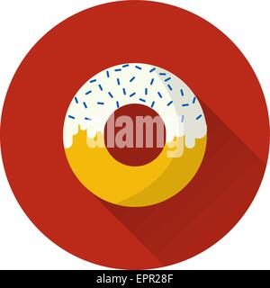 Illustrazione Vettoriale di appartamento di fast food e la relativa icona. Icona della ciambella per menu, caffetteria e ristorante. Colorati e lunga ombra. Elemento per w Illustrazione Vettoriale