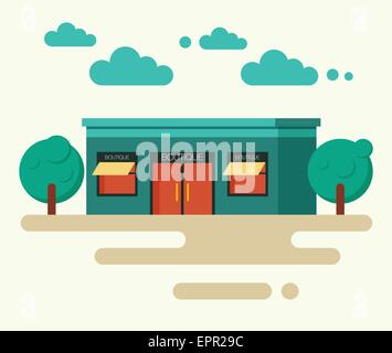 Illustrazione Vettoriale nozione di nuovo negozio nel quartiere alla moda di design piatto stile. Moderno design piatta facciata di edificio del negozio. Shoppi Online Illustrazione Vettoriale