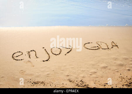 Le parole godere di Goa scritto di sabbia su una spiaggia Foto Stock