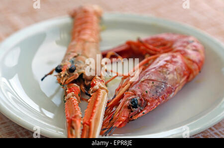 Grigliate di pesce con gamberi e scampi nel ristorante Foto Stock