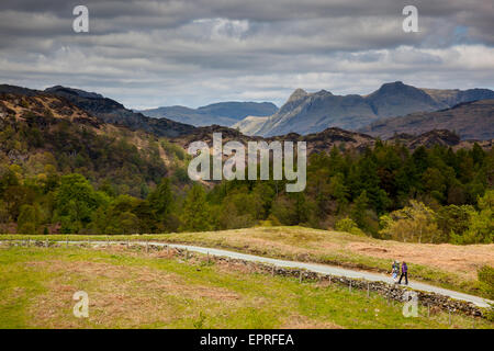 Due escursionisti vagare lungo la strada nei pressi di Tarn Hows con The Langdale Pikes in distanza, Lake District, Cumbria Foto Stock