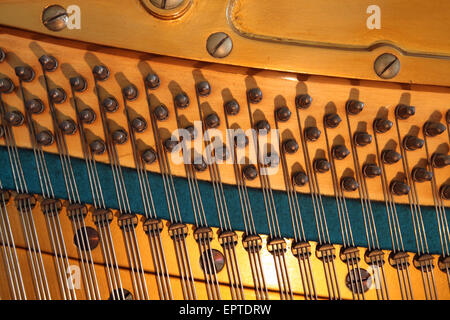 Le stringhe, i perni di messa a punto e la tavola armonica all'interno di un Bechstein pianoforte verticale Foto Stock