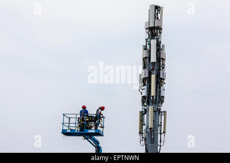 Due uomini al lavoro da sollevare la benna su un cellulare o un telefono cellulare tower in Modesto California Foto Stock