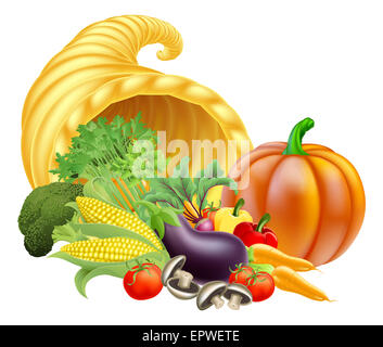 Ringraziamento o Golden Horn di abbondanza cornucopia piena di frutta e verdura produrre Foto Stock