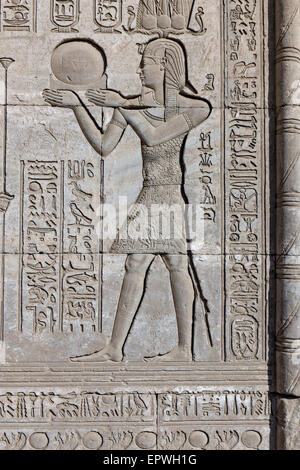 Pannello Heiroglyphic sulla parete del Mamisi, la casa natale di Horus, figlio di Iside e Osiride. Dendera tempio, Egitto Foto Stock