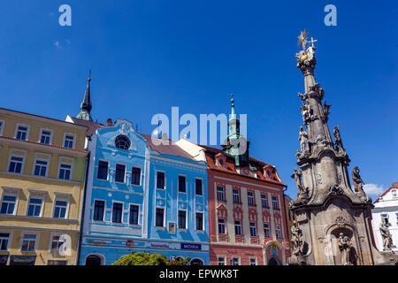 Il centro storico di Jindrichuv Hradec, Boemia del Sud, Repubblica ceca, la colonna della Trinità Foto Stock