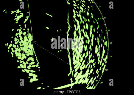 Closeup frammento dettagliata della nave di navigazione nella schermata Radar, foto macro con messa a fuoco selettiva e pixel visibili pattern Foto Stock