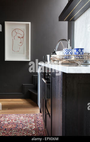 Cucina con legno scuro armadi e tappeto persiano con blue delft tazzine di caffè in Sud Africa home Foto Stock