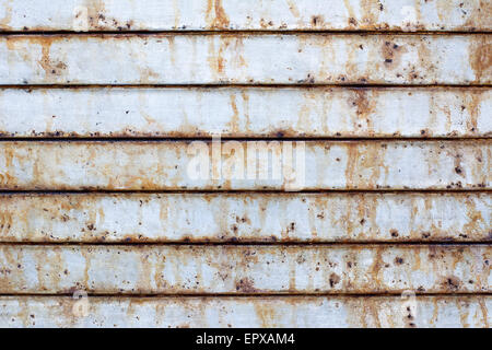 Close up di un metallo arrugginito porta avvolgibile mostra i danni che aria salmastra nei pressi di un porto può causare. Foto Stock