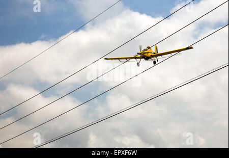 Tunica, Mississippi - un crop spolvero aereo vola vicino a linee elettriche per quanto riguarda i pesticidi per un campo. Foto Stock