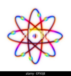 Struttura atomica. Calcolatore concettuale illustrazione che rappresenta la struttura di un atomo. Otto gli elettroni vengono visti in orbita attorno al nucleo centrale lungo percorsi ben definito. Questo è uno schema "Bohr model' di un atomo; gli elettroni sono pensa che abitano in aree di probabi Foto Stock