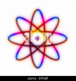 Struttura atomica. Calcolatore concettuale illustrazione che rappresenta la struttura di un atomo. Otto gli elettroni orbitanti attorno al nucleo centrale lungo percorsi ben definito. Questo è uno schema "Bohr model' di un atomo; gli elettroni sono pensa che abitano in aree di probabilità Foto Stock