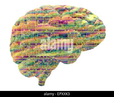 Intelligenza artificiale e cibernetica, immagine concettuale. Questa immagine di un chip per computer struttura, sovrapposti su un cervello umano, potrebbe rappresentare concetti come la cibernetica, robotica, impianti di cervello e intelligenza artificiale. Qui, la struttura di chip Foto Stock