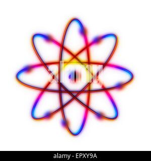 Struttura atomica. Calcolatore concettuale illustrazione che rappresenta la struttura di un atomo. Otto gli elettroni vengono visti in orbita attorno al nucleo centrale lungo percorsi ben definito. Questo è uno schema "Bohr model' di un atomo; gli elettroni sono pensa che abitano in aree di probabi Foto Stock