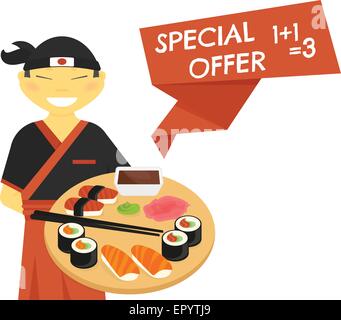 Sushi chef con offerte speciali banner Illustrazione Vettoriale