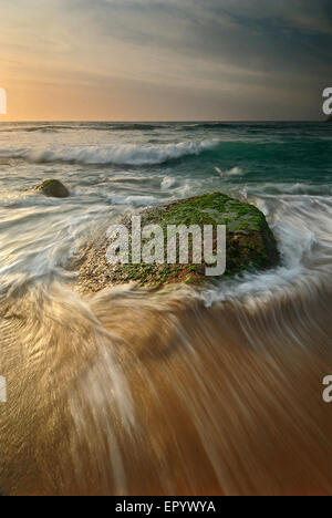 Sunrise seascape con un lone mossy rock con un onda che scorre intorno ad esso Foto Stock