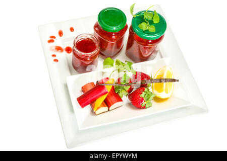 Marmellata di fragole e rabarbaro, limone e la vaniglia Foto Stock