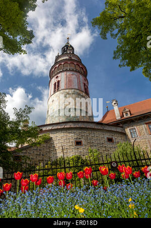 Cesky Krumlov Castle Garden Tulips Fiori sotto la torre rinascimentale Cesky Krumlov Repubblica Ceca Europa Foto Stock