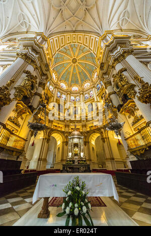 Visite: interno, altare, il soffitto e la cupola della Cattedrale di Granada, Granada, Andalusia Foto Stock