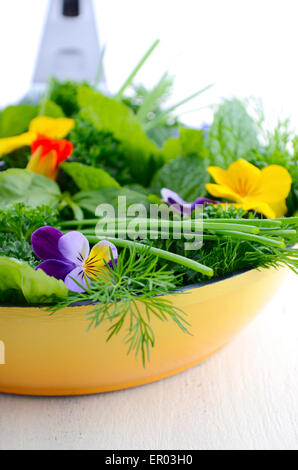 La cucina con le erbe concetto con erbe aromatiche e fiori commestibili in giallo moderno padella padella bianco sul tavolo di legno. Foto Stock