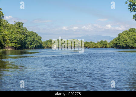 Battelli e traghetti tra Monterrico e La Avellana Guatemala attraverso il canale di Chiquimulilla attraverso la palude di mangrovie Foto Stock