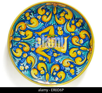 Belle blue giallo ceramica piatto smaltato Foto Stock