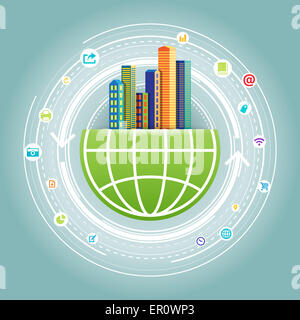 Illustrazione Vettoriale di global city network design concept. Foto Stock