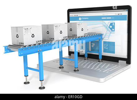 Convogliatore industriale con scatole di cartone collegato a uno schermo del notebook. Tema Blu. Foto Stock
