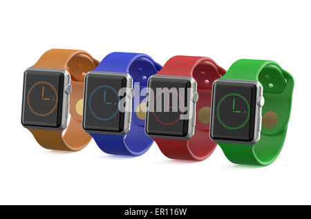 Gruppo di colorate smart watch isolati su sfondo bianco Foto Stock