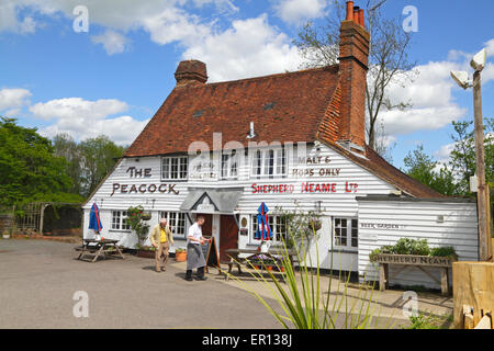 Barman che trasporta le bevande per l'uomo anziano, ad un tavolo esterno, al 14th secolo Peacock Inn, Goudhurst, Kent, Inghilterra, Regno Unito in primavera Foto Stock