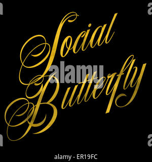 Social Butterfly Gold Faux Foil lustrini metallici isolati preventivo su nero Foto Stock