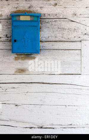 Un vecchio letter box di colore blu su una porta di legno. Foto Stock