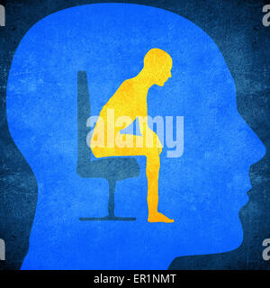 Blu testa umana silhouette con un uomo seduto all'interno del concetto di psicologia Foto Stock