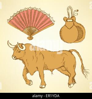 Schizzo set spagnolo in stile vintage, vettore Illustrazione Vettoriale